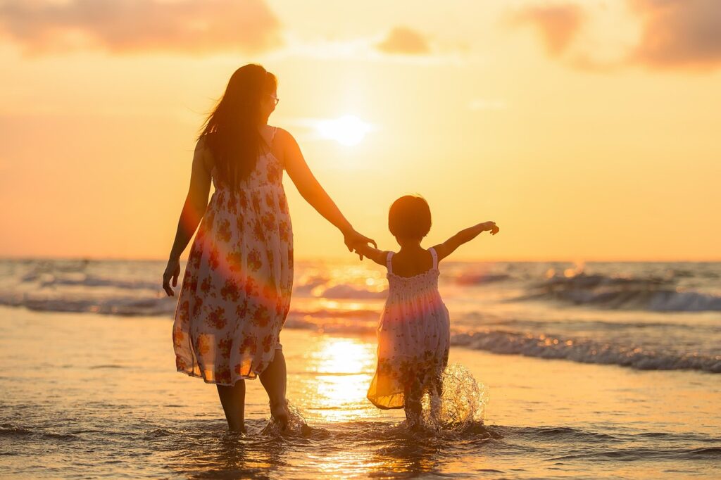 adult, mother, daughter, happy mothers day, beach, kids, children, nature, evening, family, girl, parent, people, sea, thailand, woman, waves, mom, mum, golden light, ocean, sunset